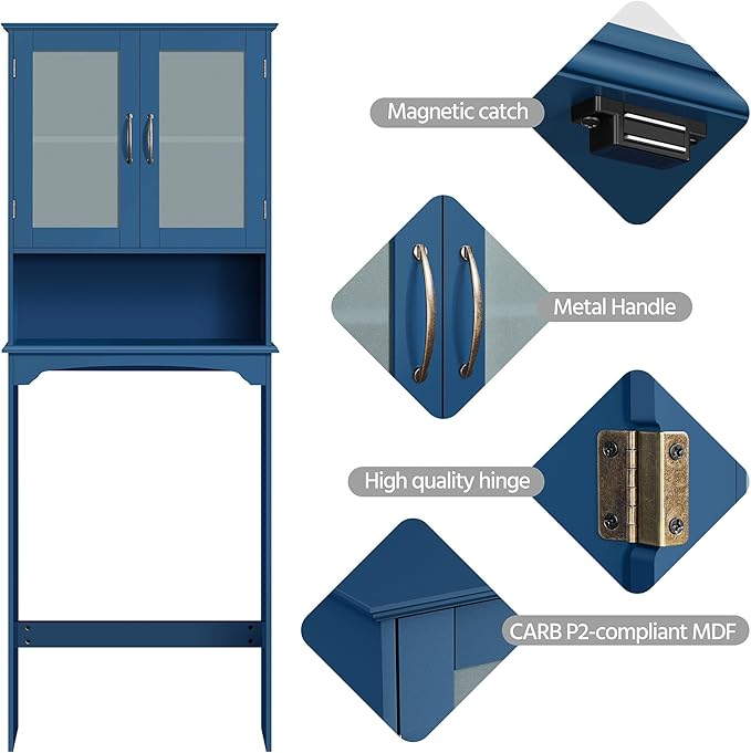 Yaheetech Over The Toilet Storage Cabinet, Free Standing Toilet Rack with Adjustable Shelves and Tempered Glass Doors for Bathroom Washroom, Navy Blue