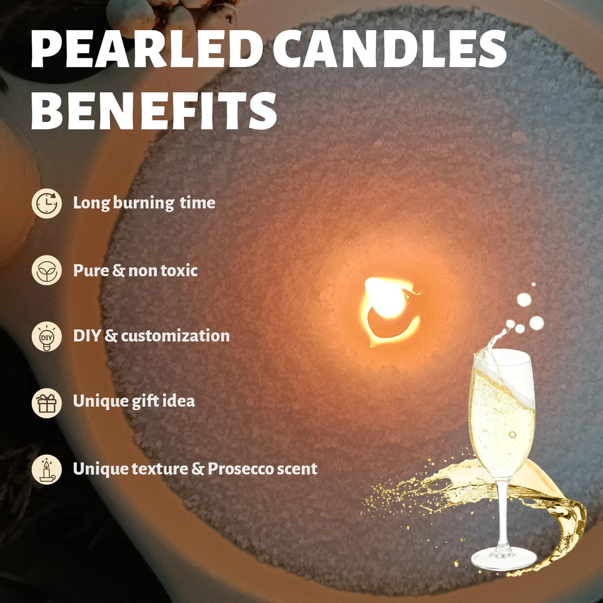 Prosecco Scented White Pearled Candle 18oz Luxury Sand Candle Granulated Wax (18 Ounce)