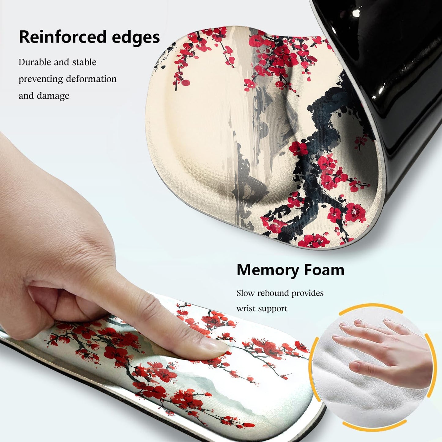 AQQA Japanese Desk Mat Set, Large Gaming Mouse Pad with Wrist Rest, Ergonomic Mouse Pad Keyboard Mat Wrist Support,Phone Holder,Cup Coaster,Home Office Desk Accessories Decor Supplies, Cherry Blossom
