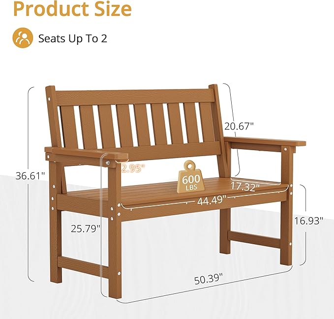 LUE BONA Outdoor Bench, 2-Person HDPS Garden Bench, Outdoor Benches Weatherproof, All-Weather Fade/Rot Resistant Patio Bench for Park, Front Porch, Backyard (Brown-Oil Printed)