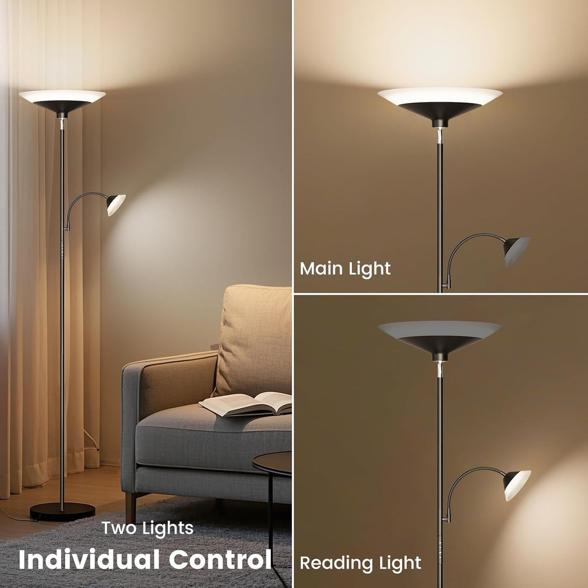 Upgraded 2-in-1 Torchiere Floor Lamp, Dimmable Standing Lamp with Remote&Touch Control, 34W Brightness Adjustable Floor Reading Light, Black Modern Corner Lamp for Living Room Bedroom Office