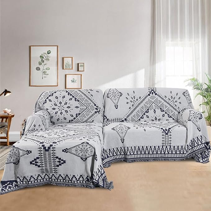 H.VERSAILTEX Reversible Sofa Cover Couch Cover for Dog Sofa Slipcover for Most Shape Sofa Furniture Protector with Tassels Sectional Couch Cover (Medium: 71" x 91", Navy/White)
