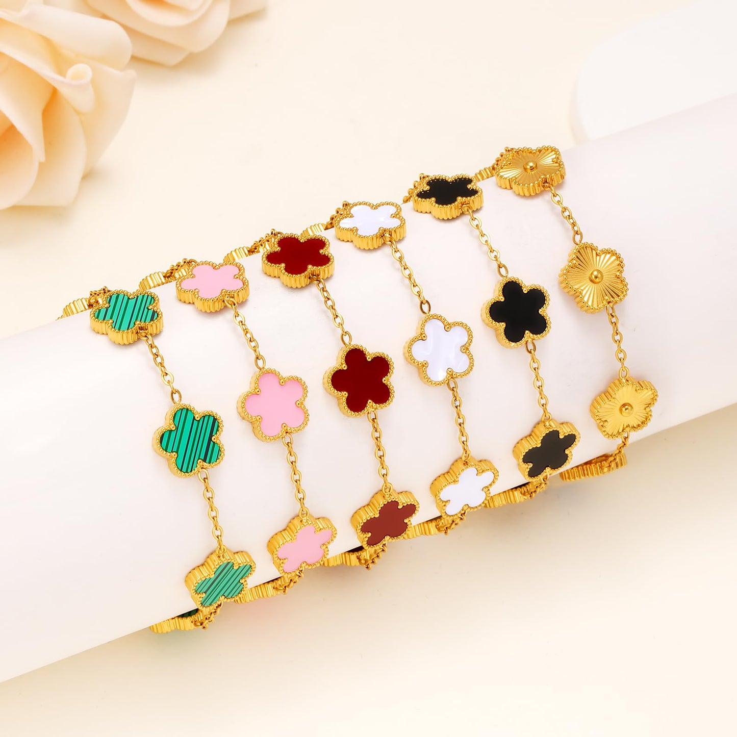 18K Gold Plated Womens Stackable Floral Bracelets Set,Twisted Cable Bangle,Trendy Jewelry,Waterproof adjustable bracelet,Christmas Birthday Gifts for Girlfriend or Mother. (08- 6Pcs Gold Floral A)