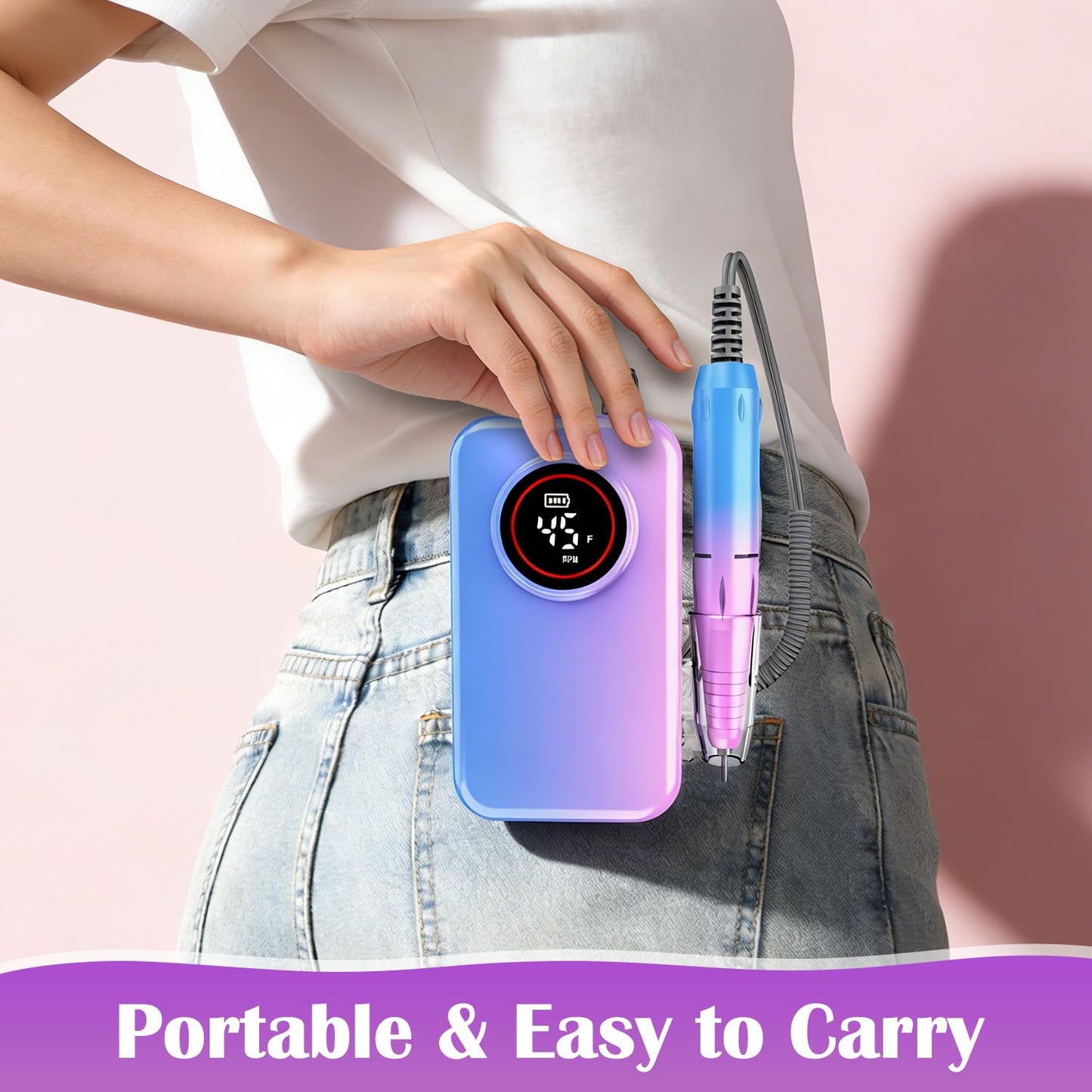 Nail Drill Professional, 45000 RPM Rechargeable Electric Nail File Kit for Acrylic & Gel Nails, Portable Manicure Pedicure Tool for DIY Home or Salon, with 11 Nail Drill Bits & Sanding Band Set