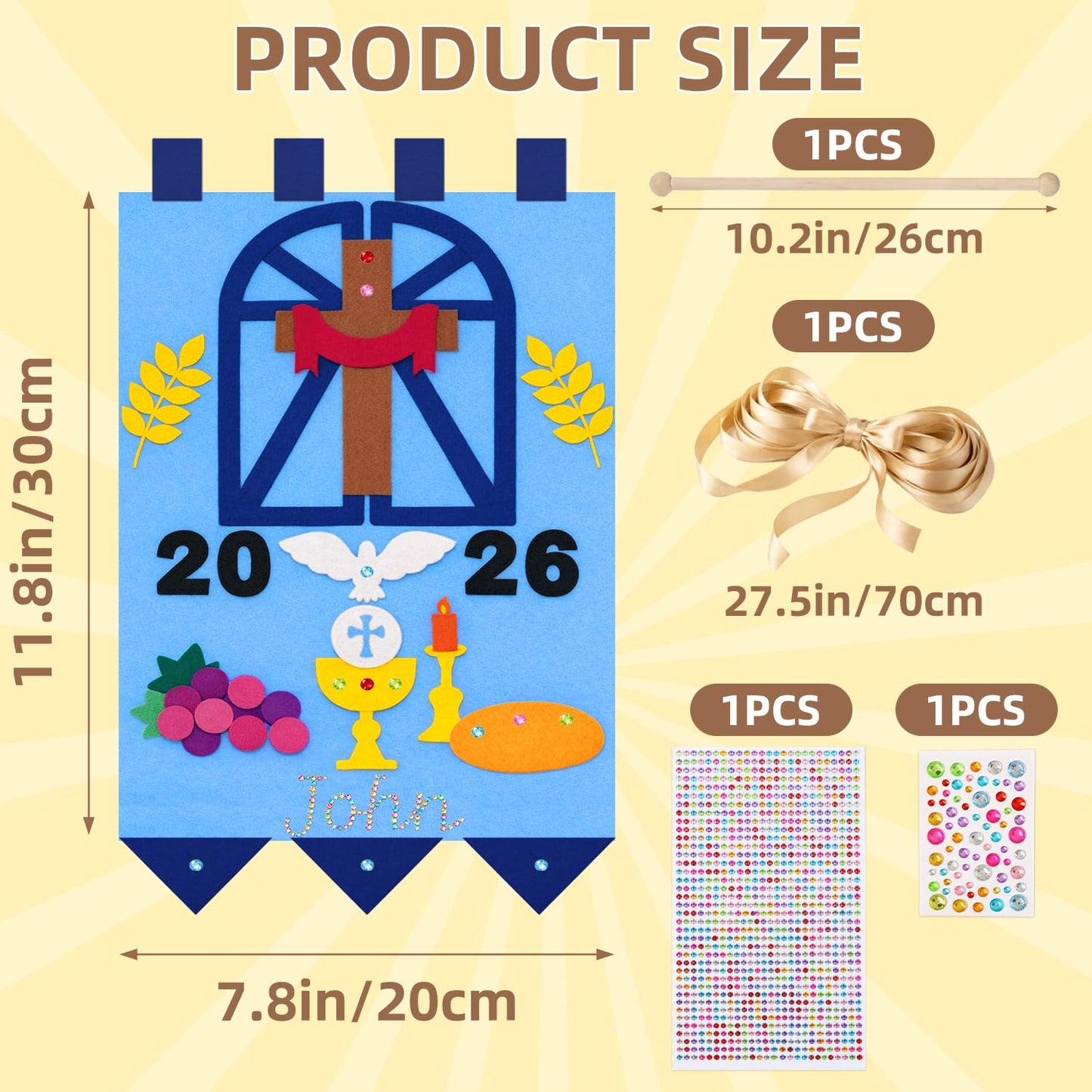 DIY First Communion Felt Banner Kit 9 x 12 Inch First Holy Communion Banner with Diamond Gem Stickers for Kids Sunday School Church Activity Baptism Party Decoration