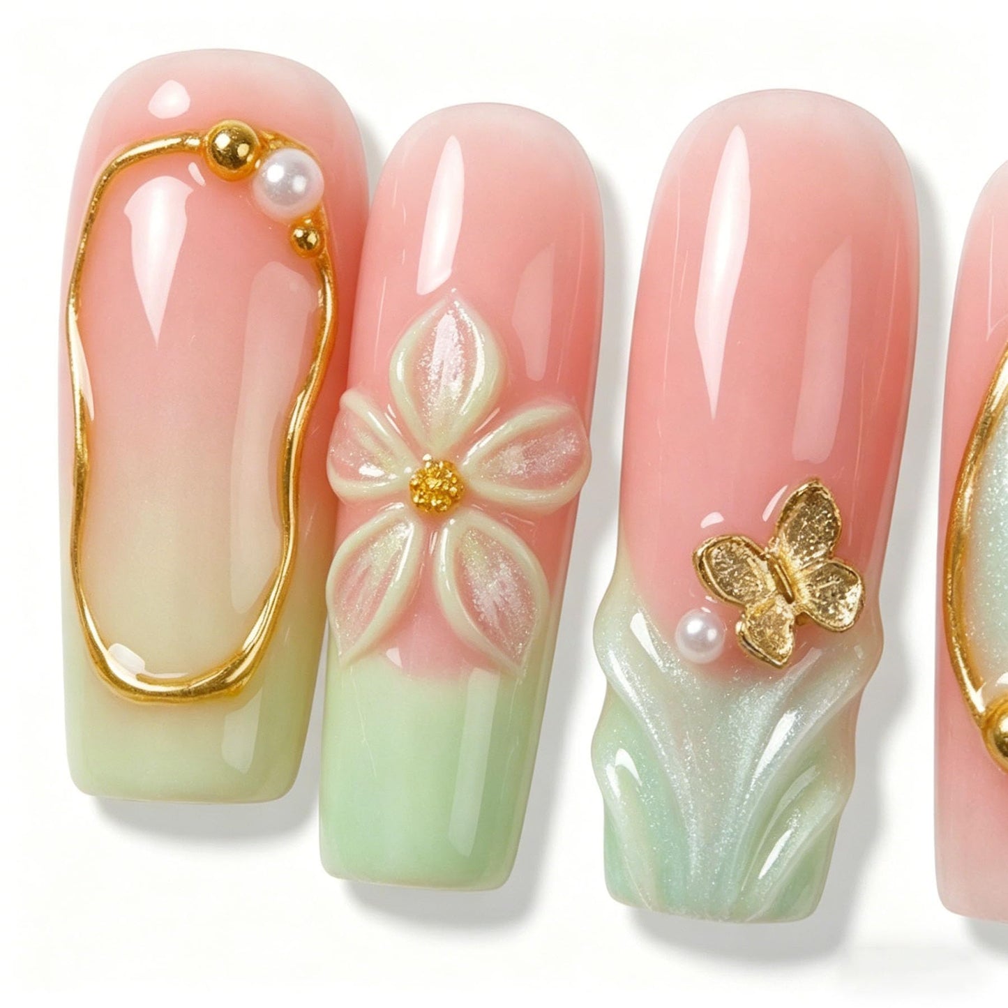 Long Square Press on Nails Handmade 3D Cute Glue on Nails for Women, Luxury Homemade Press on Nail Art Design, Fake Nails with 3D Nail Charms Size M 2