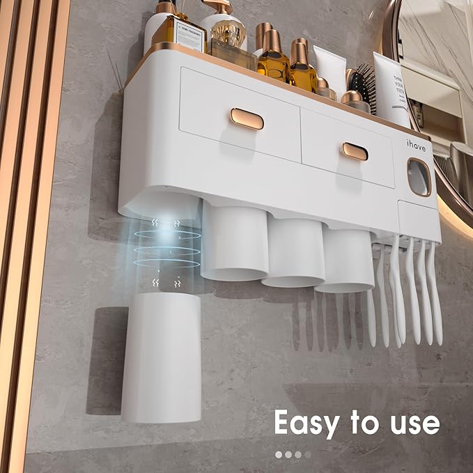 iHave Toothbrush Holders for Bathrooms - Upgrade Wall Mounted Toothbrush Holder with Toothpaste Dispenser - 4 Cups, Large Capacity Tray, 2 Cosmetic Drawer - Bathroom Organizers and Storage