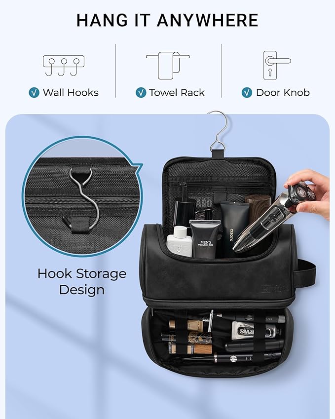 Elviros Toiletry Bag for Mens PU Leather Travel Organizer Kit with Hanging hook, Large Water-resistant Toiletries Bathroom Shaving Bags (Black)