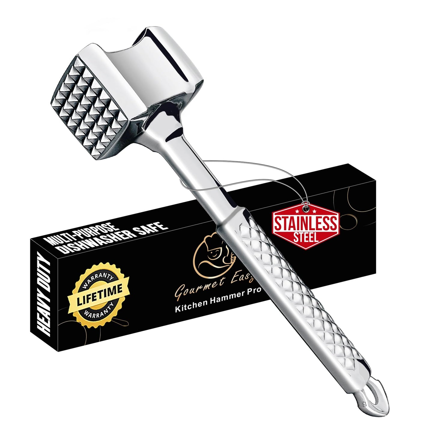 Stainless Steel Meat Tenderizer Tool, Premium Meat Mallet with Non-Slip Grip, Dual-sided Kitchen Mallet Ideal for Tenderizing Steak, Poultry & Chicken Cutlet, Dishwasher Safe with Lifetime Replacement