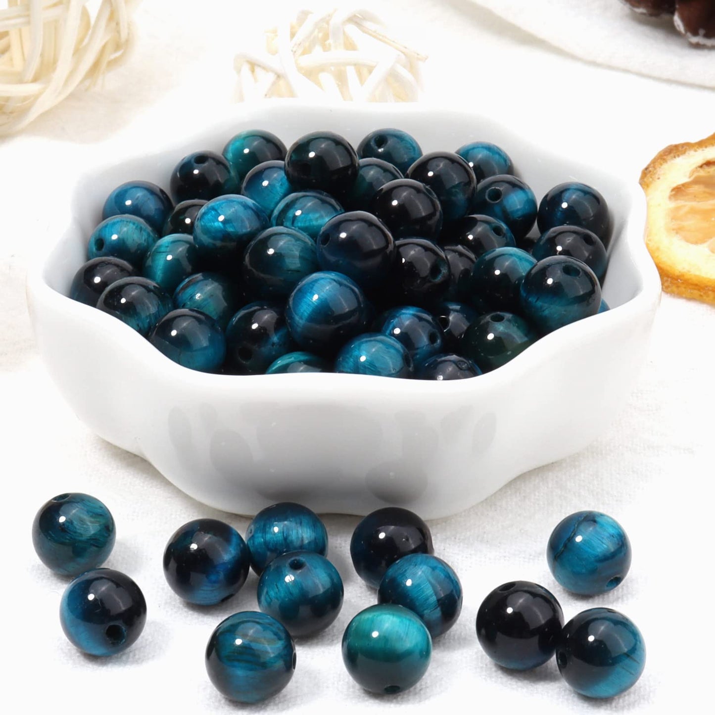45pcs 8mm Natural Aquamarine Tiger Eye Gemstone Beads Energy Healing Crystal Round Loose Stone Beads for Jewelry Making, DIY Bracelets Necklaces