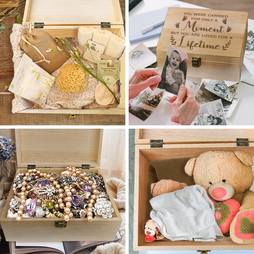 arricraft 1 Pc Wooden Memory Keepsake Box, Miscarry Memory Box with Hinged Lids for Baby Loss Memorial Gift Storage Box Keepsake to Store Photos Letters and Valuables 9.6x7.6x4inch