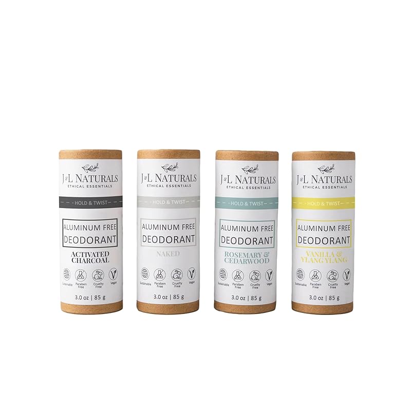 J&L Naturals Aluminum Free Deodorant for Men & Women | 100% Natural Ingredients With Coconut Oil, Shea Butter, & Essential Oils | Sustainable, Eco-Friendly (Unscented & Woody, 3.0 Oz (Pack of 4))