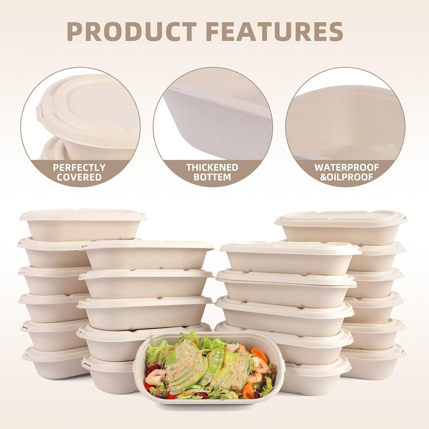 wonmain 50Pcs(24oz) disposable meal prep food containers with lids,microwaveable and freezable compostable, takeaway containers salad for food bowls and bento boxes.