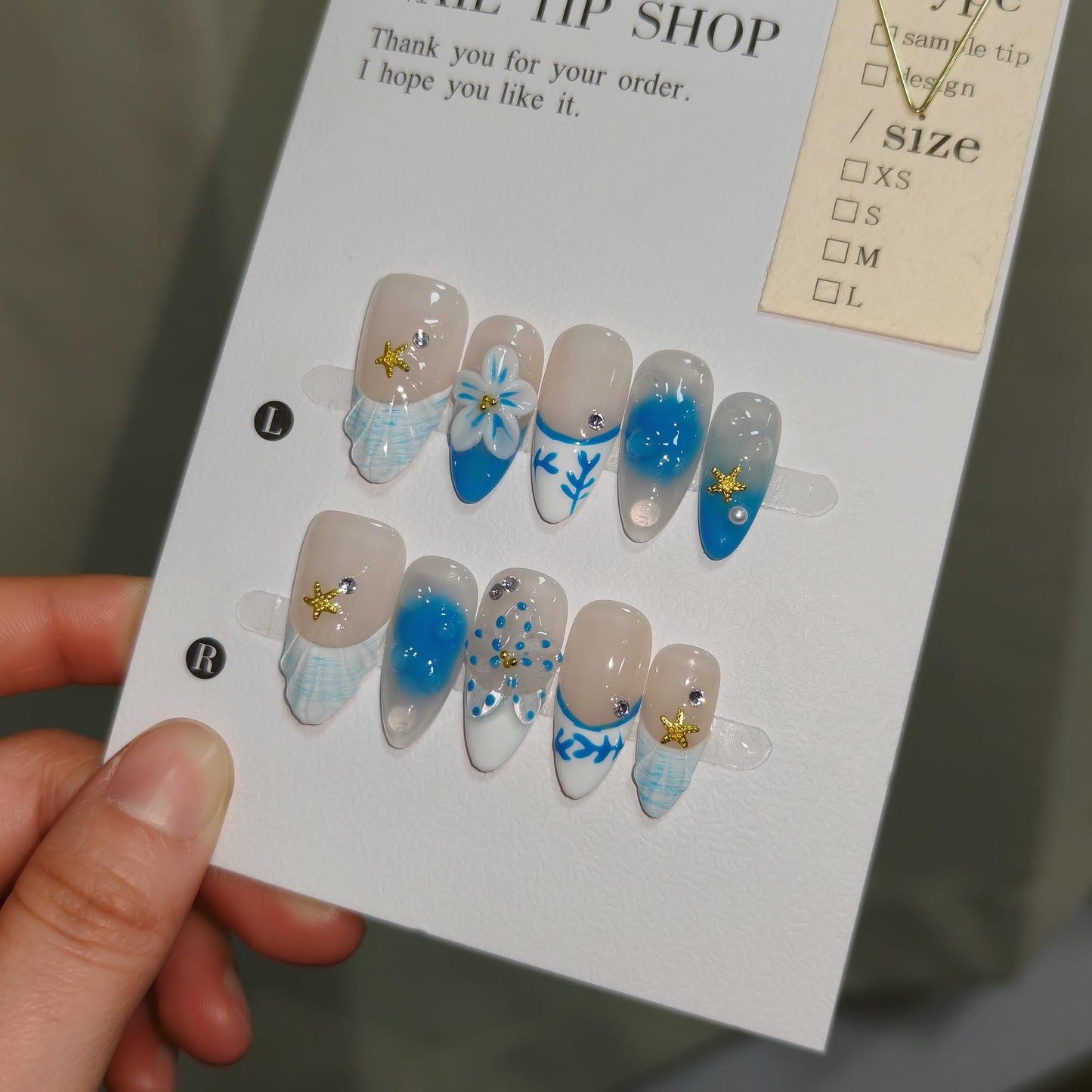 TENPAL Blue French Tips Press on Nails Almond with Shell & Hand Painted, Reusable Icy Glossy False Nails for Summer Beach Vacation | Coastal Watercolor Style(XS)