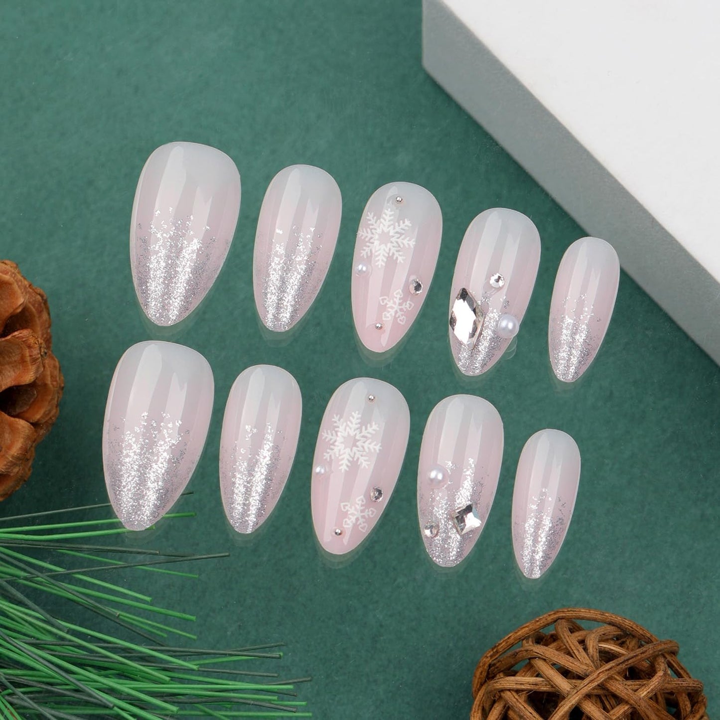 Christmas Press on Nails French Glitter Fake Nails Cute Snowflake Artificial False Nails with Rhinestone Designs Medium Acrylic Nails Kits Almond Christmas Glue on Nails for Women Nail Art 24Pcs
