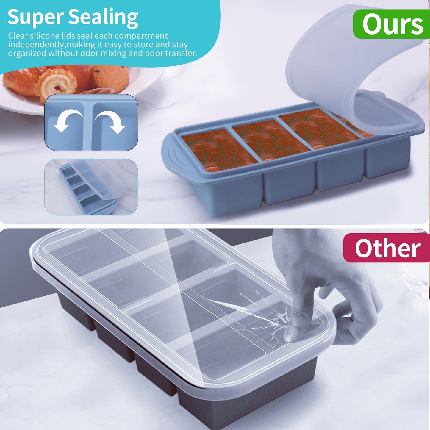 Silicone Freezer Molds Gift Set with 1 Tbsp,2 Tbsp, 1/2, and 1 Cup Silicone Freezer Trays With Lids - Meal Prep and Kitchen Essentials Bundle (Blue 4 Pack)