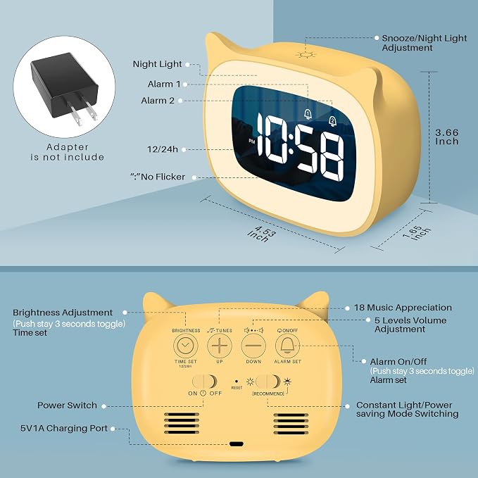 Cute Cat Ear Alarm Clock with Night Light for Bedroom,Yellow