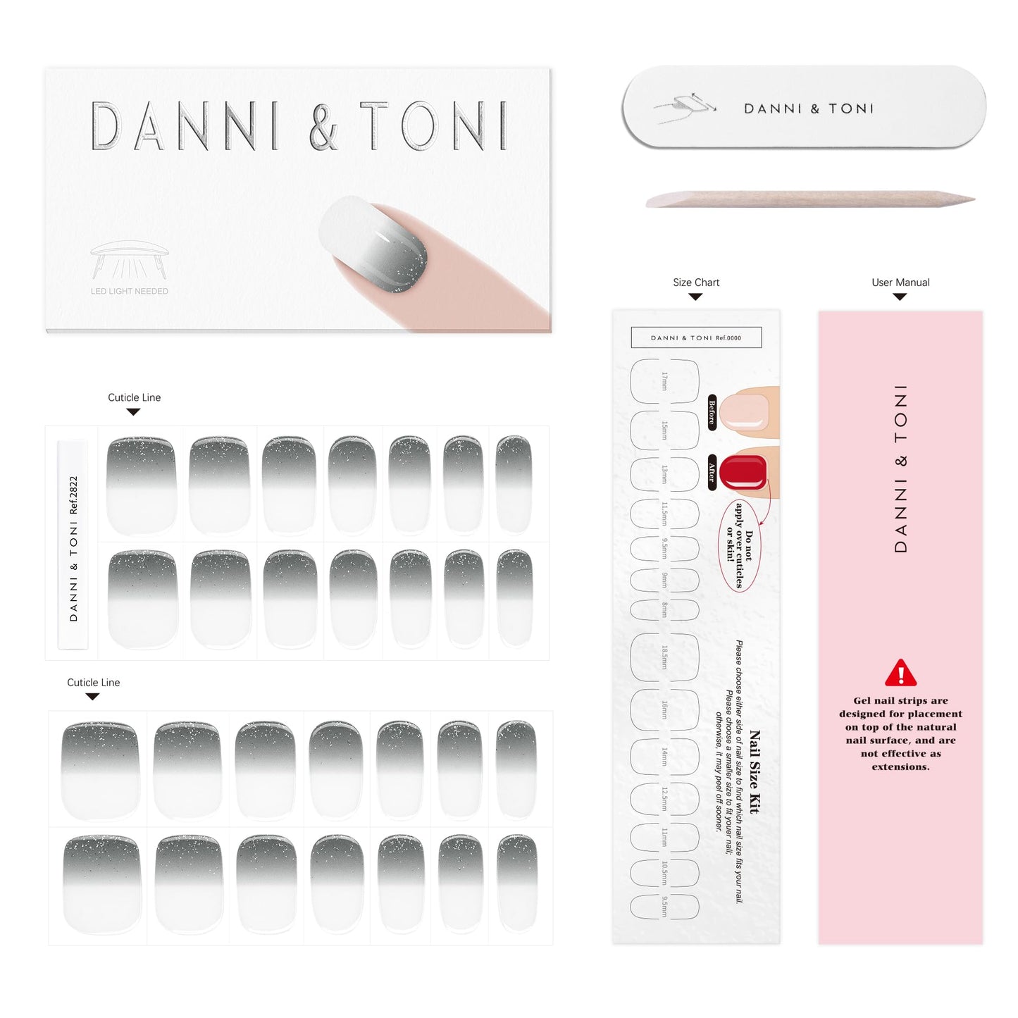 DANNI & TONI Semi Cured Gel Nail Strips Grey-to-White Ombre Glitter Gel Nail Wraps 28 Stickers | Ash Dream