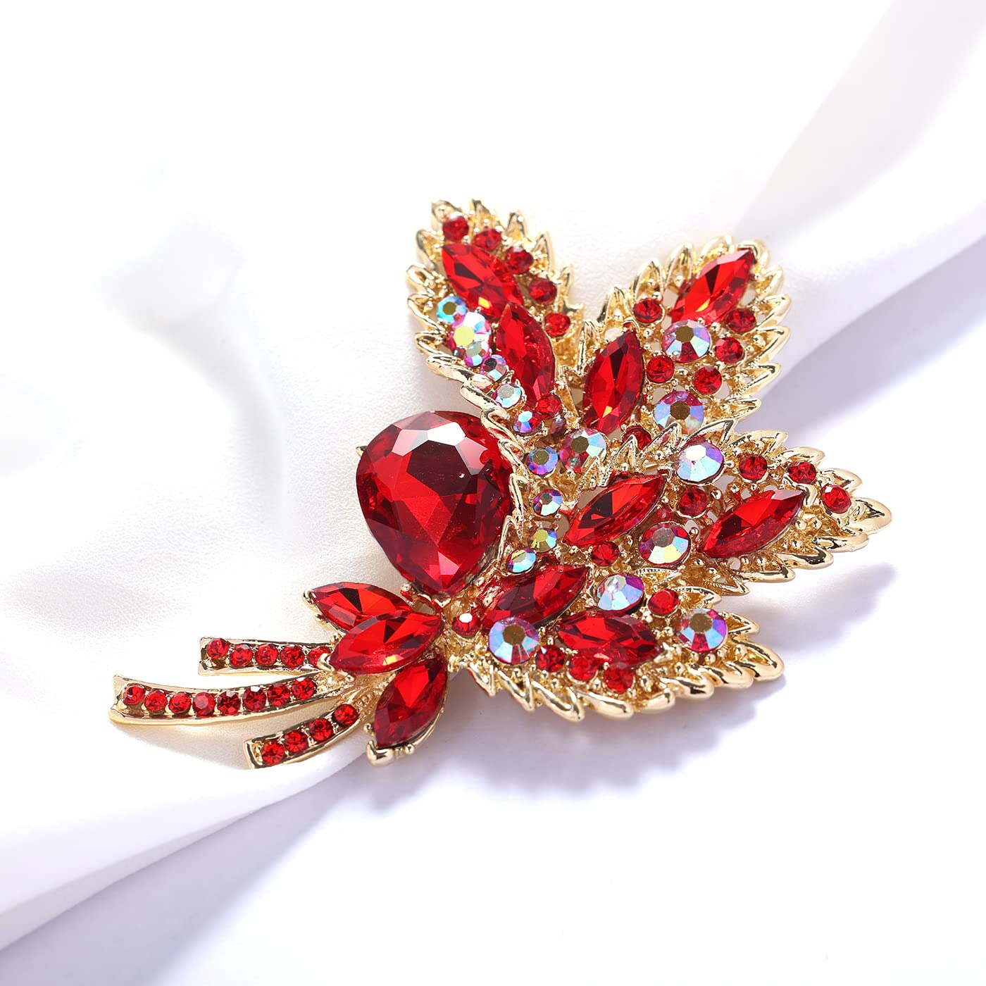 YOQUCOL Red Austrian Crystal Leaf Shape Bouquet Big Large Brooch Pin Rhinestone Scarf Decoration Wreath Cloth Pin For Women