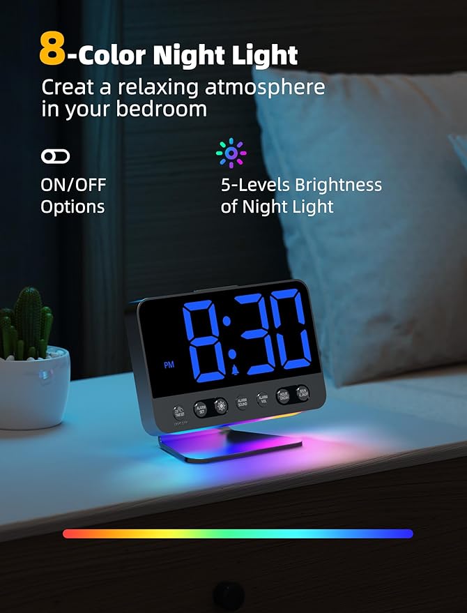 Odokee Digital Alarm Clocks for Bedrooms with Large Bold Number | Electric Desk Clock with Night Light & Brightness Dimmer - Loud Alarm for Heavy Sleepers with Adjustable Volume - Blue