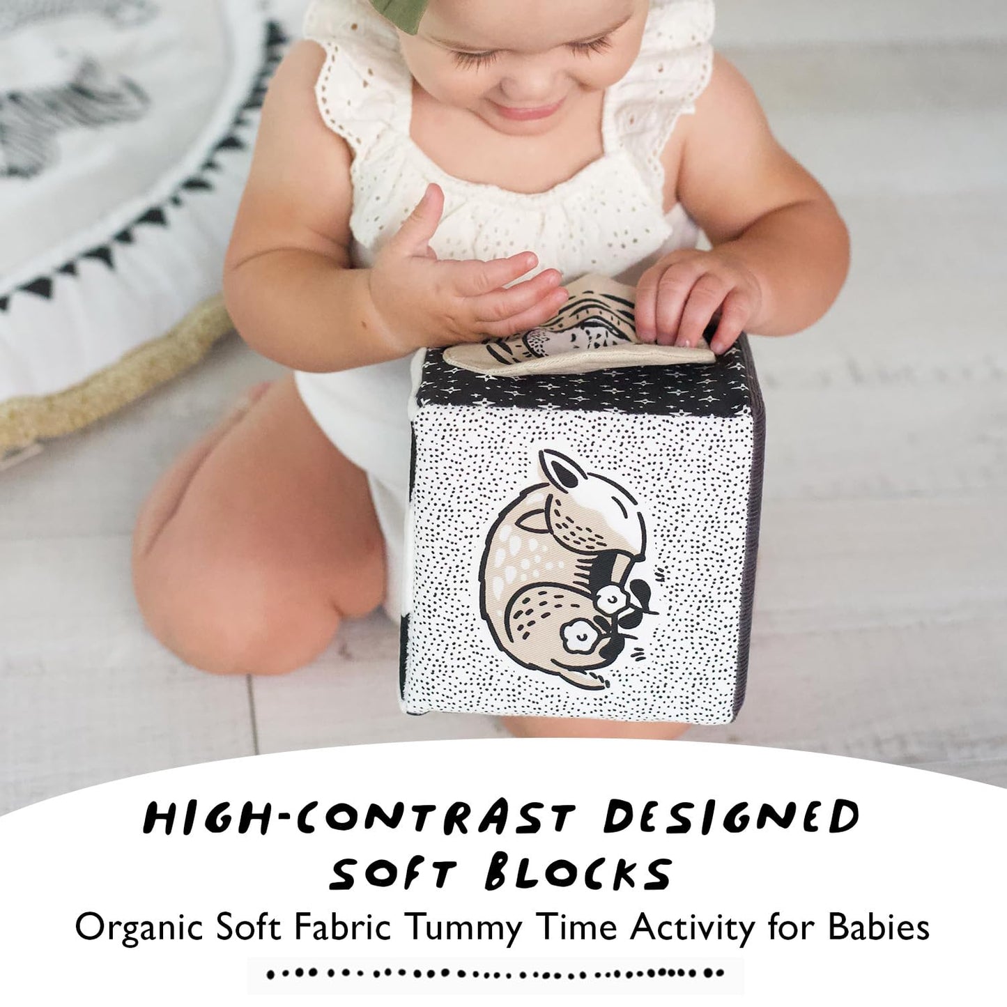 Wee Gallery Soft Block, Baby Sensory Toy with High-Contrast Graphics, Organic Soft Fabric Soft Blocks, Crinkle Flap and Textures, Tummy Time Activity for Babies and Toddlers - Baby Animals