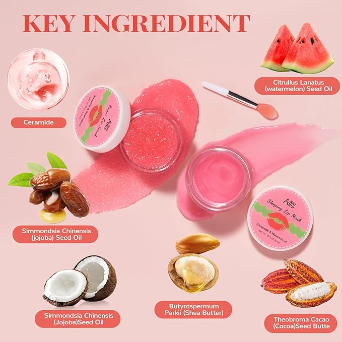 Stocking Stuffers Lip Mask Set, Lip Scrub & Lip Butter, Overnight Lip Treatment Set Enriched With Skin Softening Ceramide & Watermelon and Hydrating Shea Butter, For A Softer & Smoother Pout