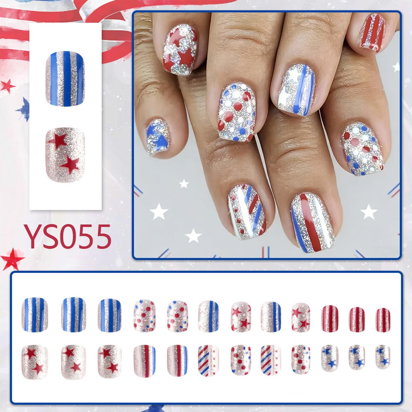4th of July Press on Nails Short Square Fake Nails Silver Glitter False Nails with Polka Dot Star Stripes Design Independence Day Patriotic Nails Reusable Artificial Stick on Nail for Women 24Pcs