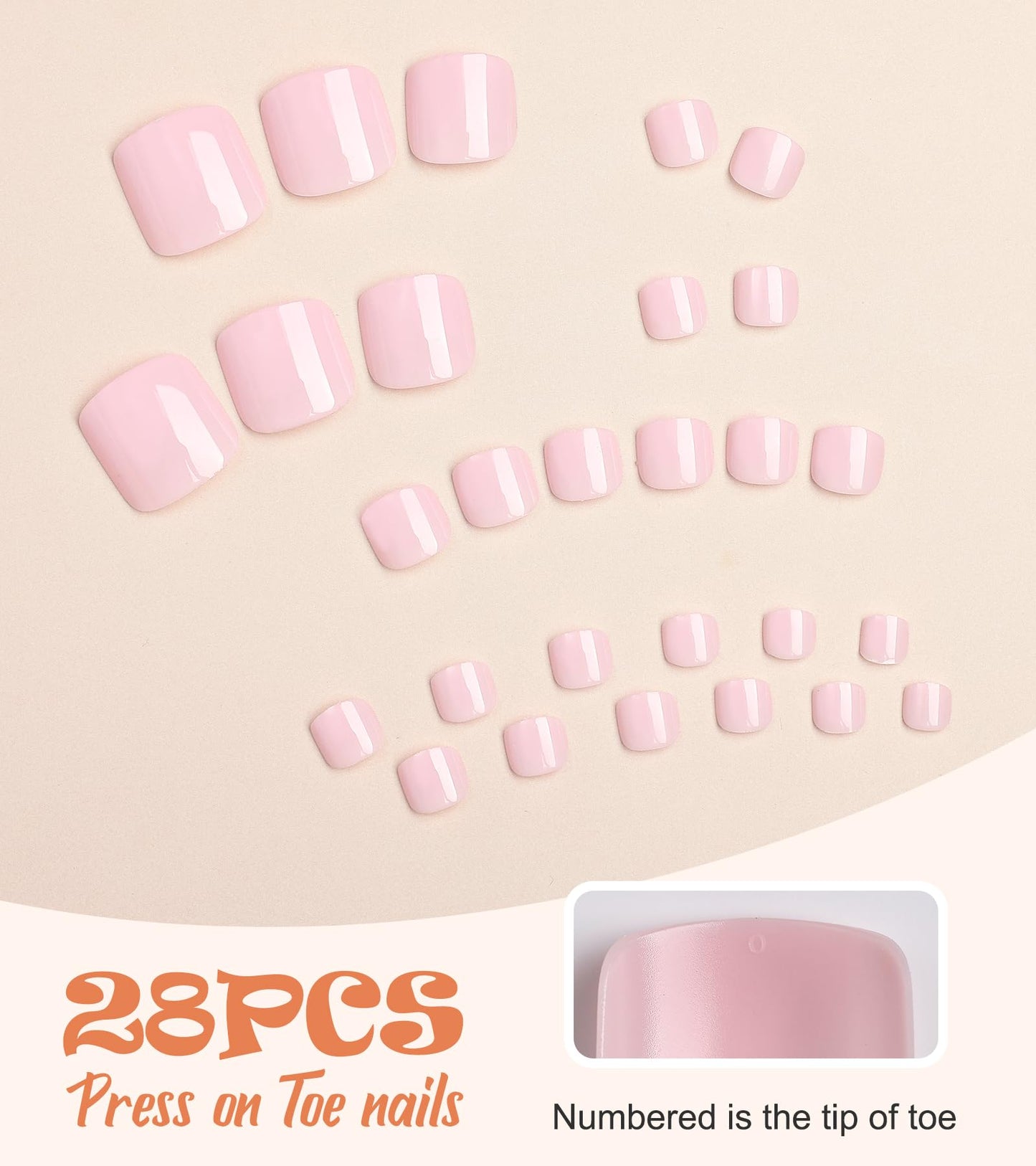 Morily Press on Toenails Light Pink Fake Toenails Short Acrylic Toe Nails Square False Toes Nails Reusable Full Cover Beach Toesnails for Women - 28Pcs in 14 Sizes