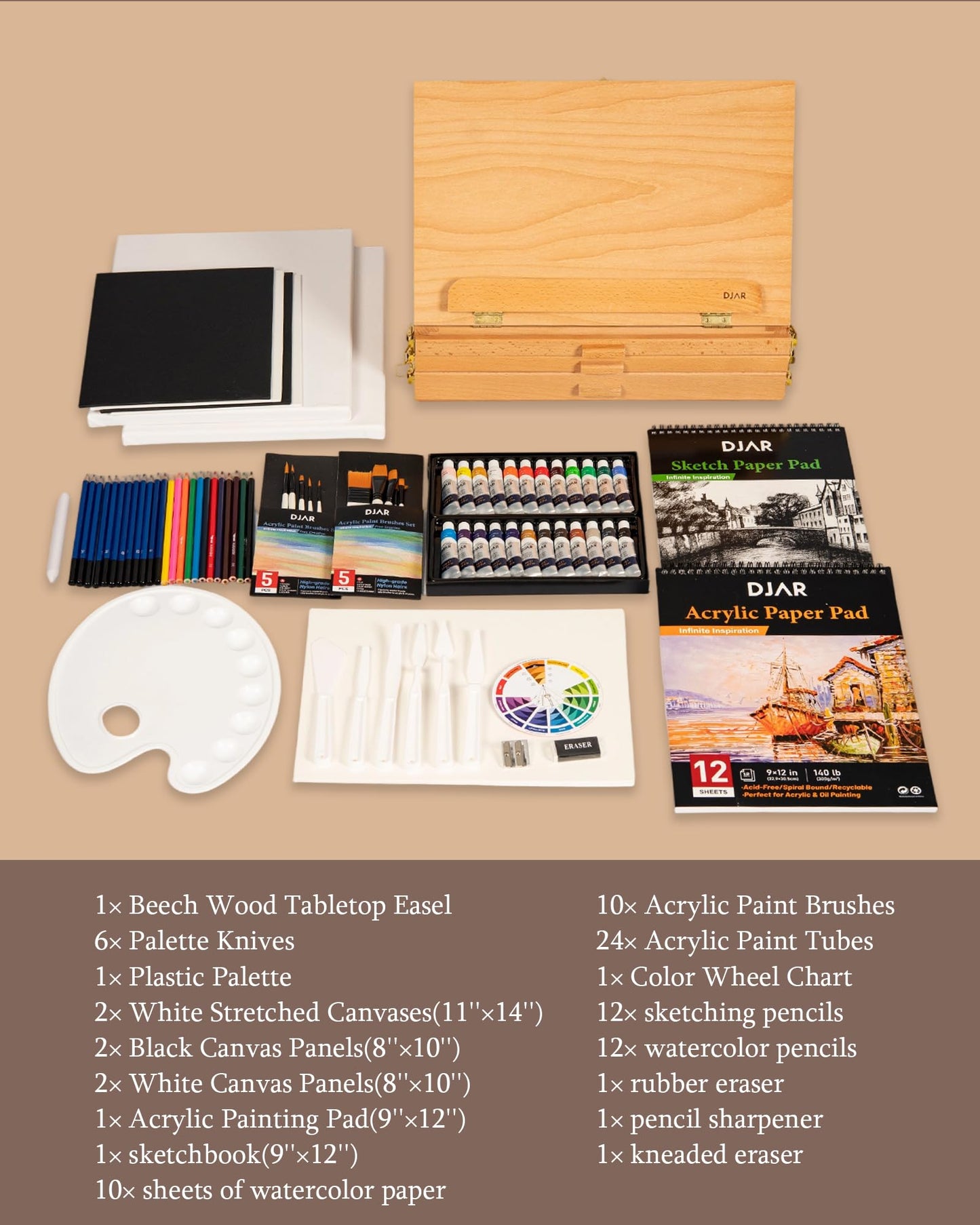 DJAR 87 pcs Acrylic Paint Set with 3 Drawer Storage, 24 Colors of Acrylic Paint, Sketch Book, Paints and Pads, Art Supplies Kit for Adults, Teens and Beginners