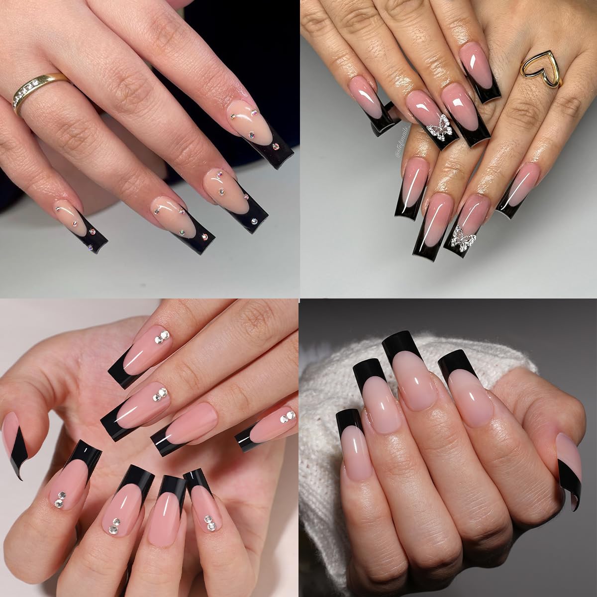 120 Pcs French Tip Press on Nails Medium Square Fake Nails Black French Nails Press on Medium Glossy Nude Acrylic Nails Full Cover Artificial False Nails Glue on Nails with Adhesive Tabs for Women