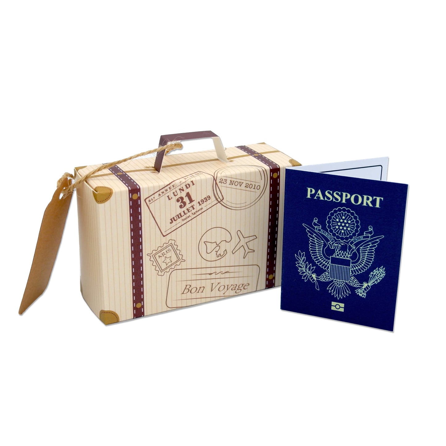 DIY Surprise Mini Suitcase & Mini Gold foil Pretend USA Passport Reveal Gift bundle (DIY). Perfect for Valentines, vacations, birthday, family trips away!