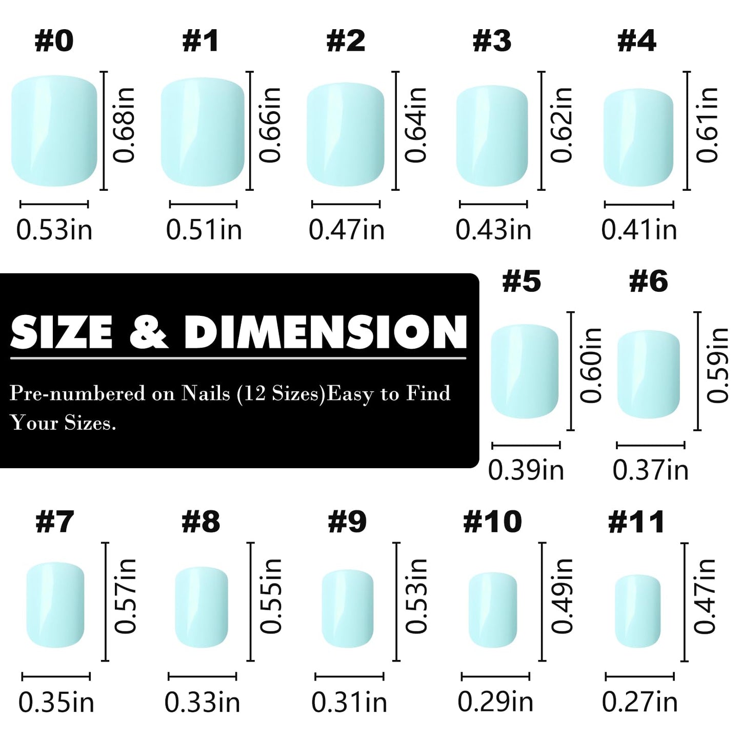 LuckForever Short Press on Nails 240pc Glossy Mint Blue Press on Nails Short Square Round Fake Nails Full Cover 10 Sheets Nail Adhesive Tabs,Small Wooden Sticks and Nail Files False Nails for Women