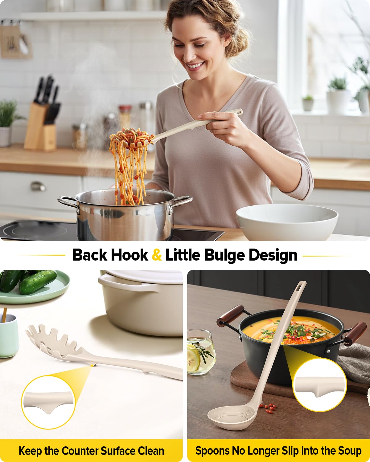 Silicone Pasta Fork and Soup Ladle Set, Heat Resistant Non Stick Kitchen Utensils with Back Hooks, Suitable for Cooking, Stirring, Serving Spaghetti, Soup, Sauce(KHAKI)