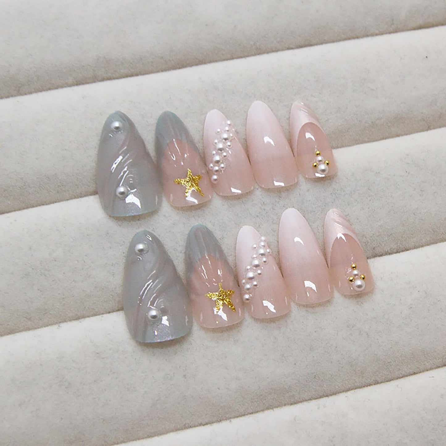 Press on Nails Medium 3D Stereoscopic Shell With Starfish Pearl Design - Full Cover Acrylic Almond Shaped Artificial Stick on Reusable Glue on for Women - Manicure Kit 24Pcs