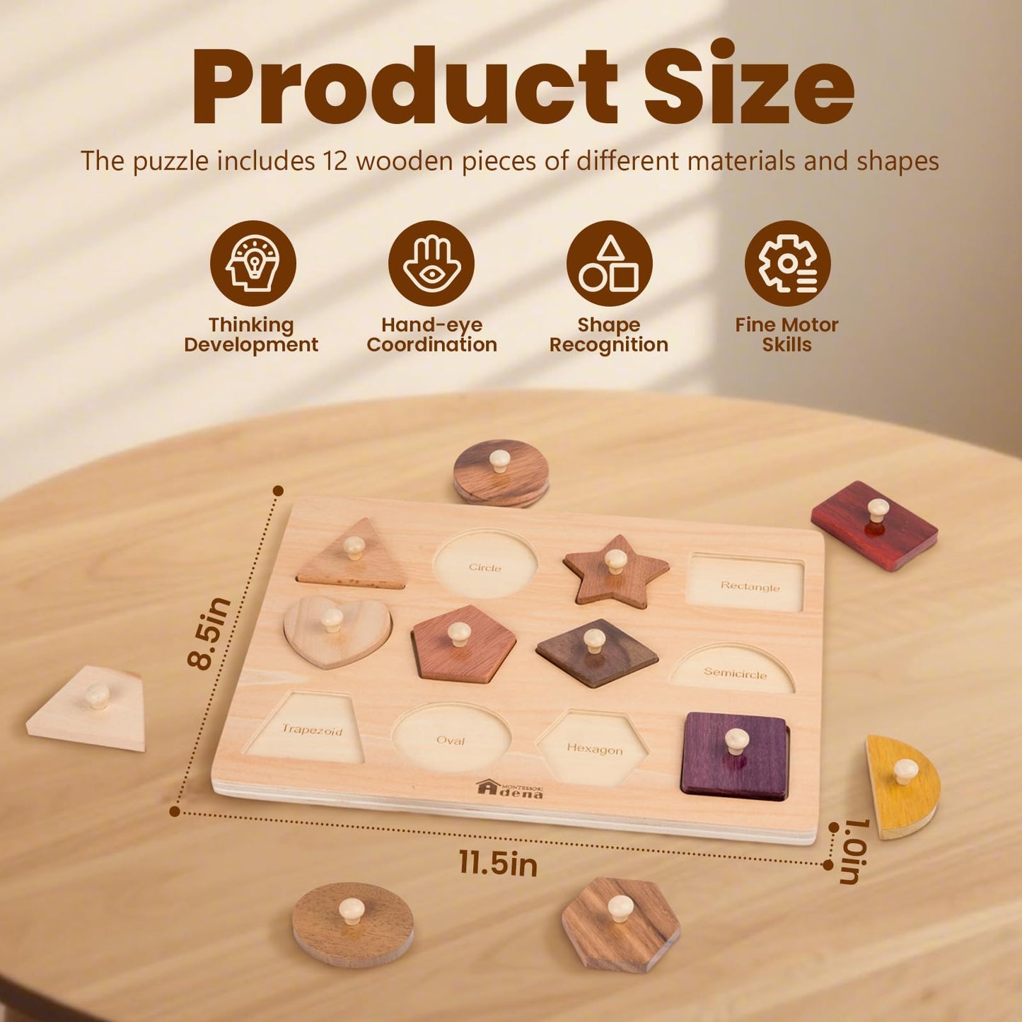 Adena Montessori Wooden Puzzles for Toddlers 1-2, 12 Piece Shape Peg Board with Knobs Educational Learning Toys for 1-2 Year Old Natural Wood Shape Sorter for Babies Durable Montessori Toys