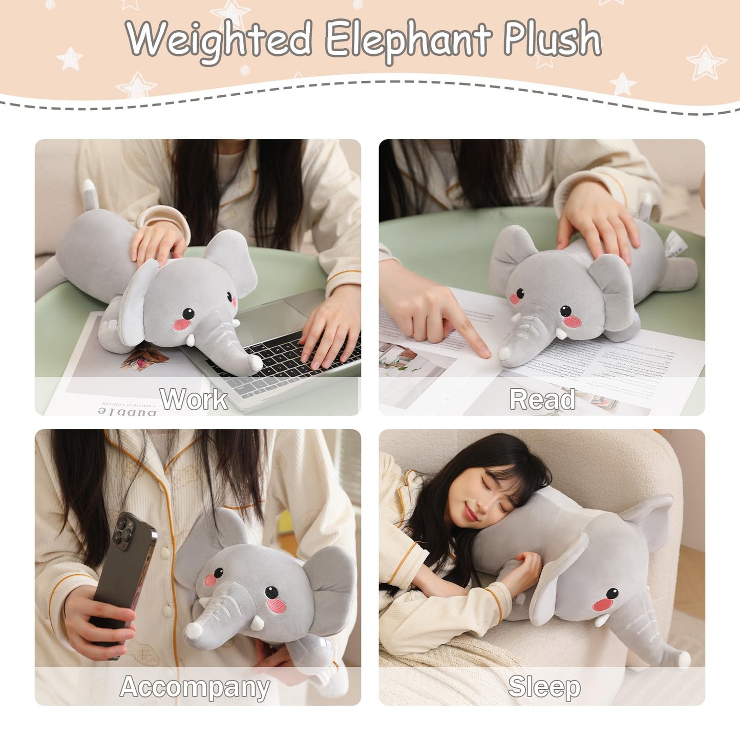 SQEQE Weighted Elephant Plush, Weighted Elephant Stuffed Animal, Cute Plushies Soft Pillow Toy Gift for Kids Adults 23.6 Inch, 3.1 Lbs