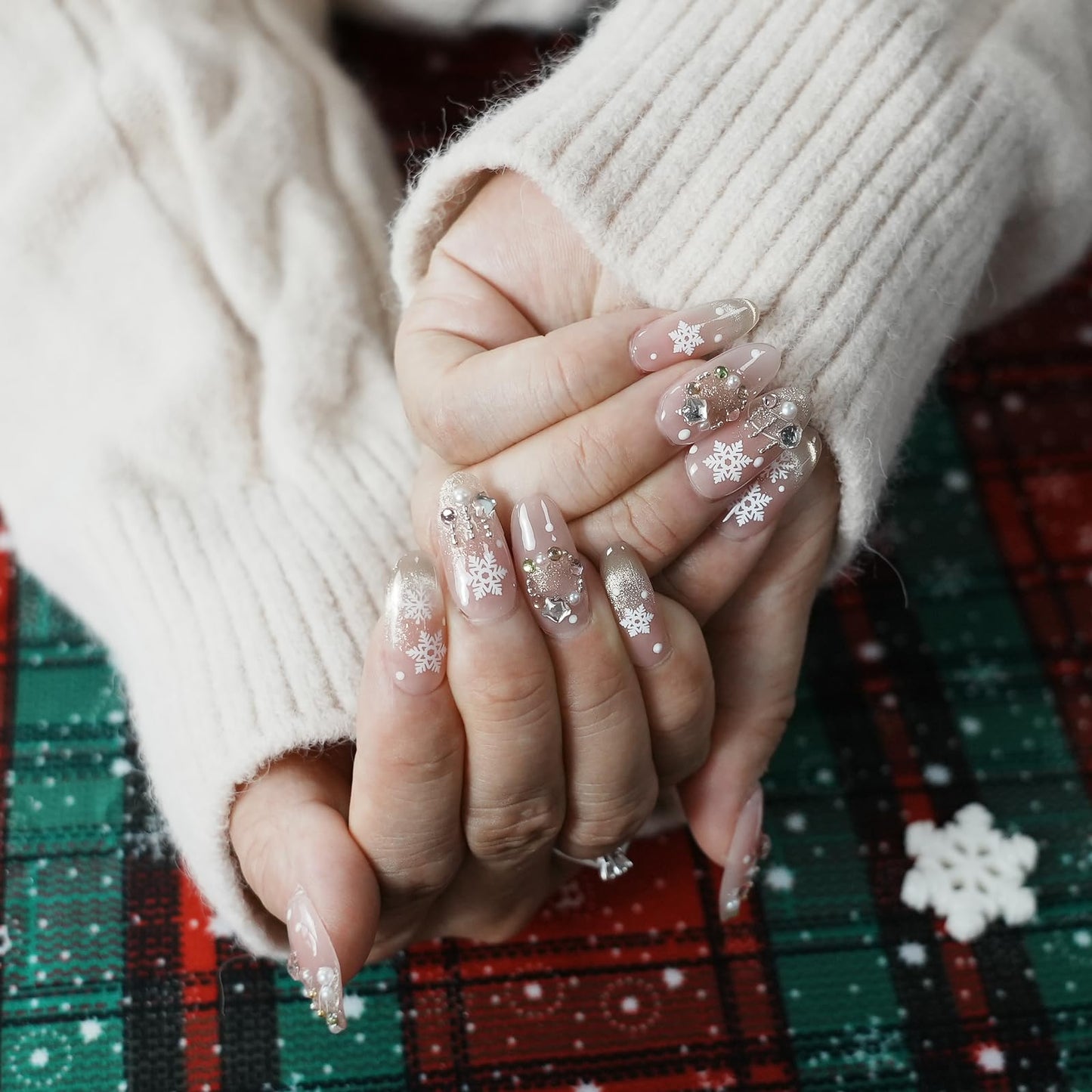 Tesytto Handmade Press on Nails Short Almond - Luxury 3D Texture Pearl Tree & Snowflake Design, Nude Pink Cat Eye Gold French Tip Fake Nails (Ice Christmas,S)