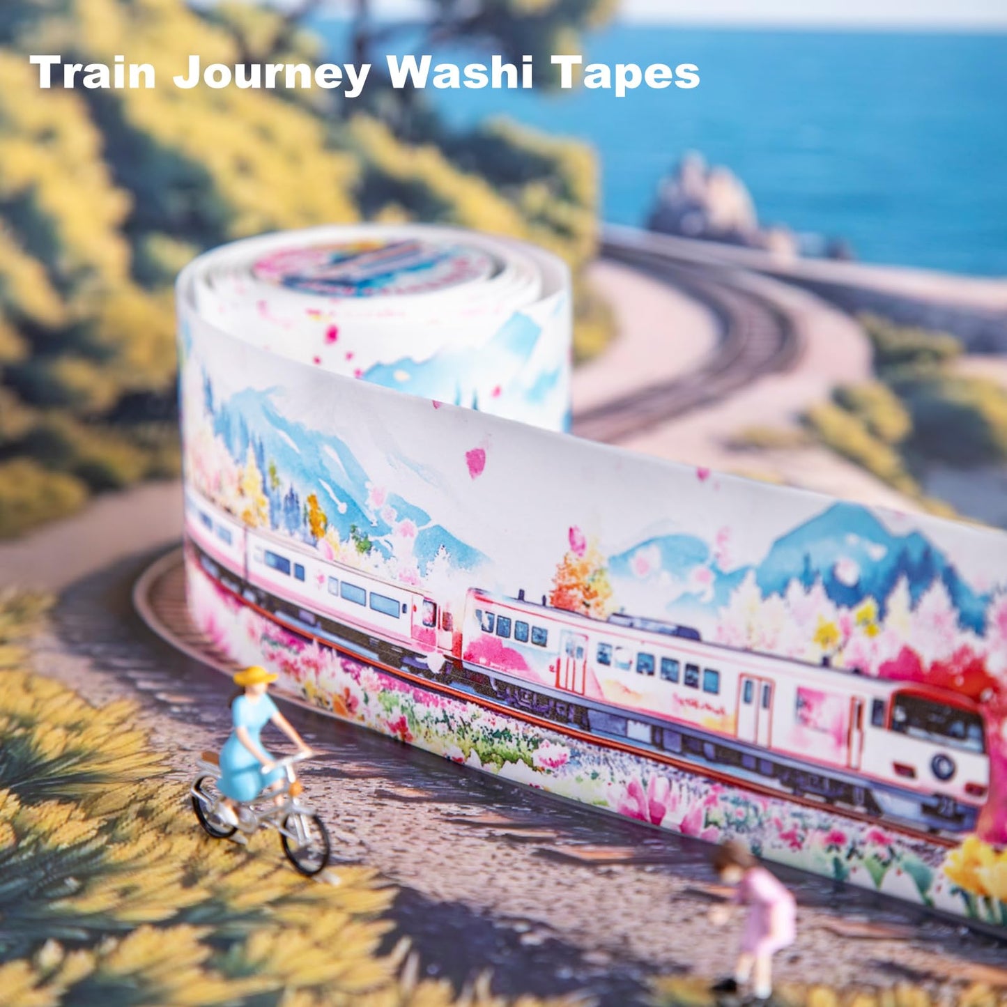 AuriicLeaf Train Scenery Washi Tape Set – 6 Rolls Travel & Nature Inspired with Clip for Scrapbook Journals DIY Crafts Decoration 1.97"x78.7" 39.37in per Loop