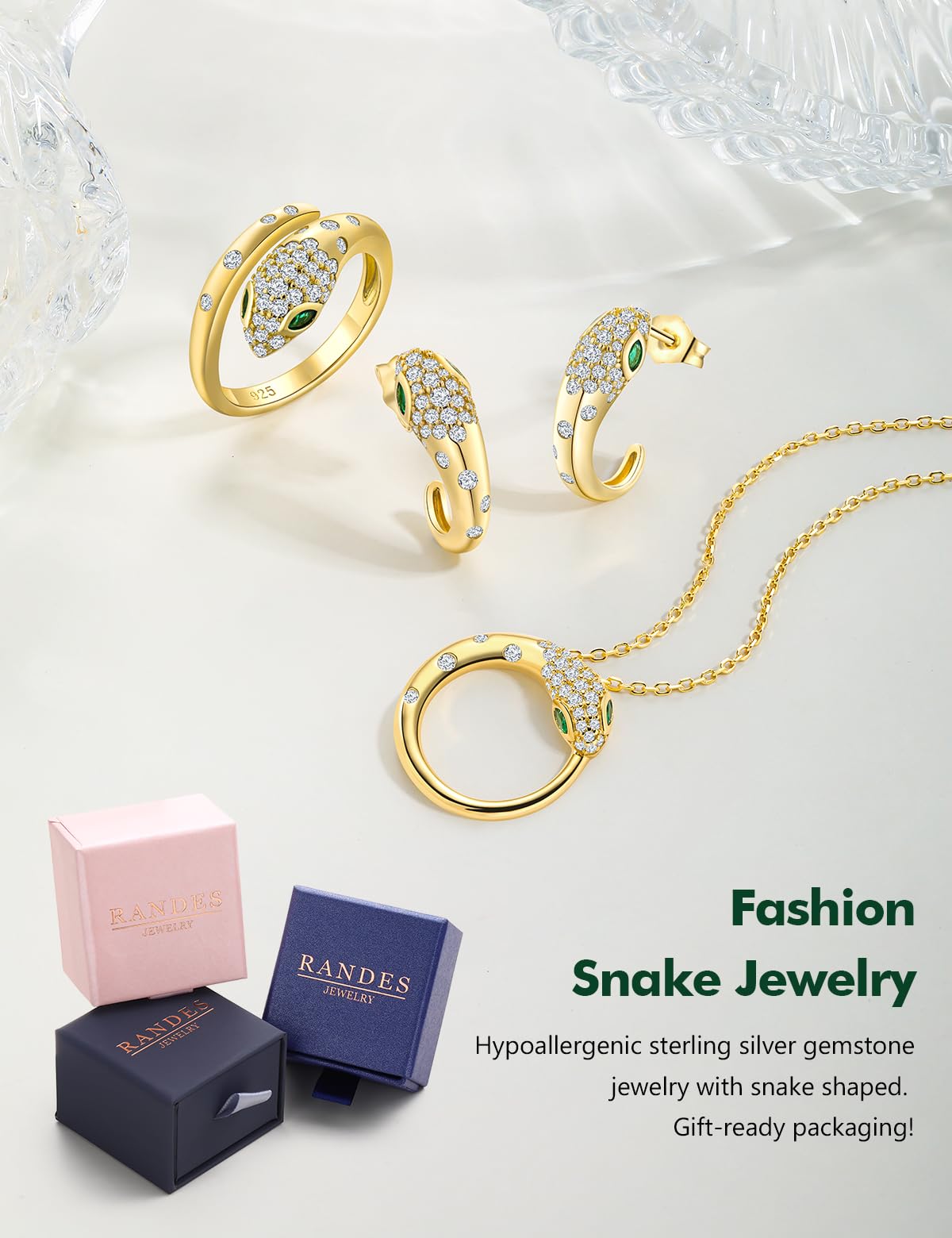 RANDES 14K Gold Plated Snake Ring 925 Sterling Silver Created Emerald Diamond Statement Cocktail Rings for Women Open Gothic Ring Size 7