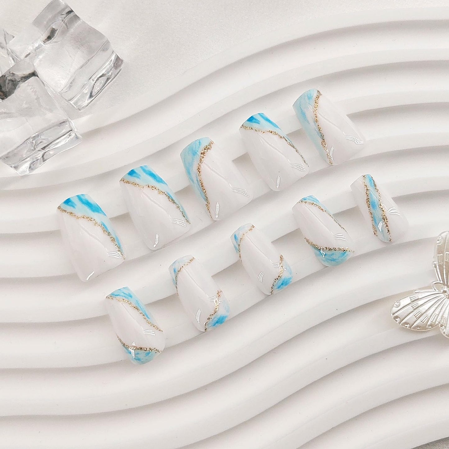 Press On Nails - Short Coffin False Nails with Glitter Designs, Glossy Finish, Blue & White, 24 Pcs