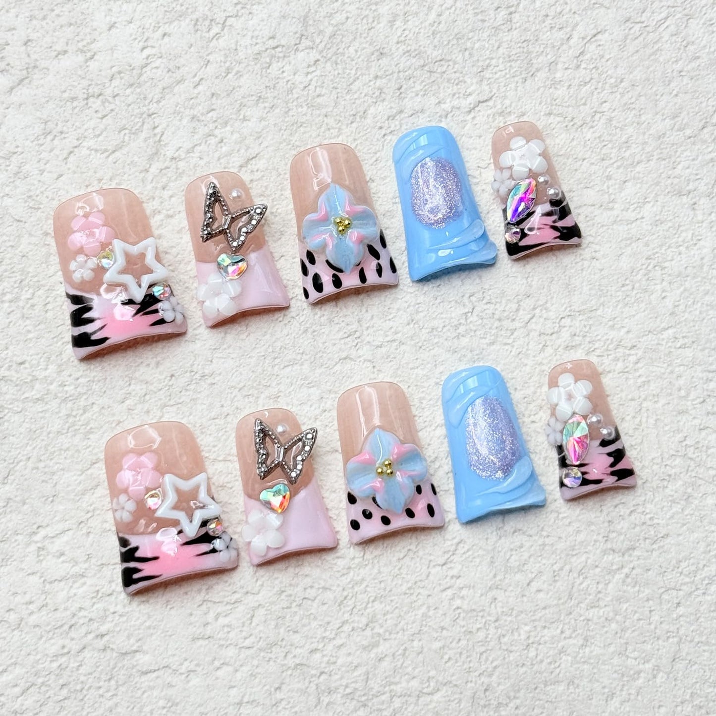 Medium Duck Press on Nails Handmade Nails Nude Pink False Nails with Luxury Rhinestone 5D Flower Art Design Thick False Nails Muti-Layer Gel Handmade Nail for Women (Size S)