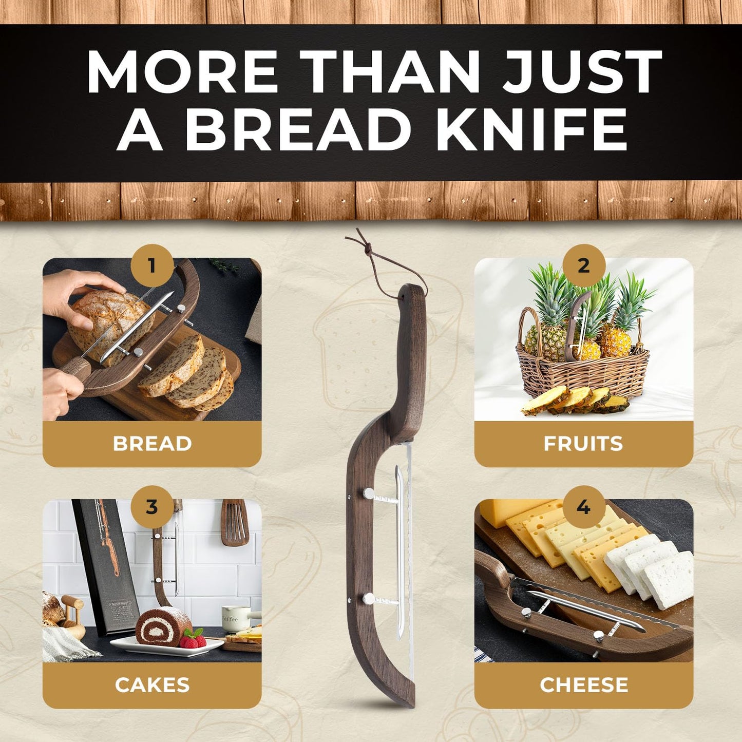 Adjustable Bread Bow Knife for Perfect Slices, Premium Wooden Frame, Tool-Free Blade Replacement, Multi-Thickness Cutter for Homemade Bread, Sourdough, Bagels, Loaves - Australian Mountain Ash