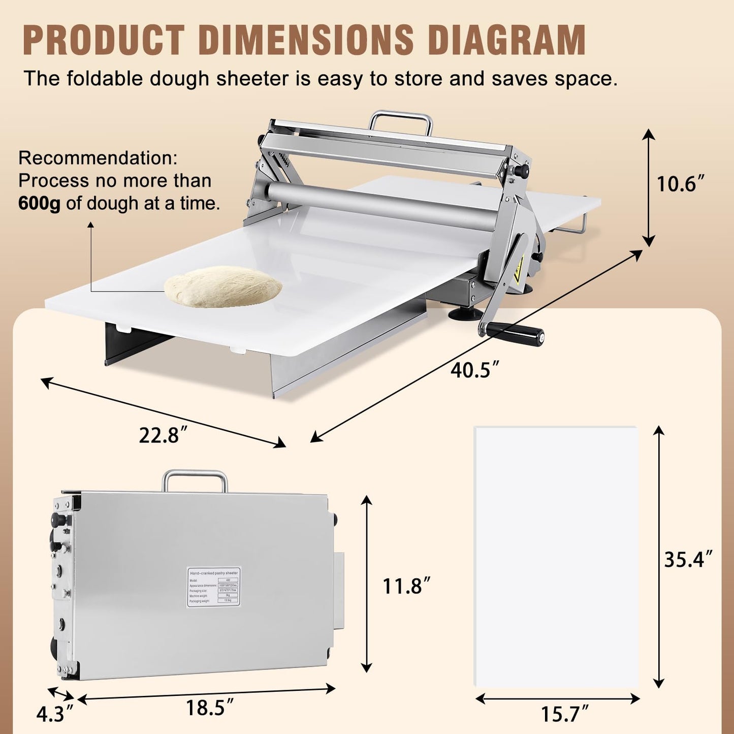 Folding Dough Sheeter 15.5in Manual Dough Sheeter Machine Folding Dough Rolling Machine Pastry Sheeter Stainless Steel Thickness Adjustable 2.5-25MM