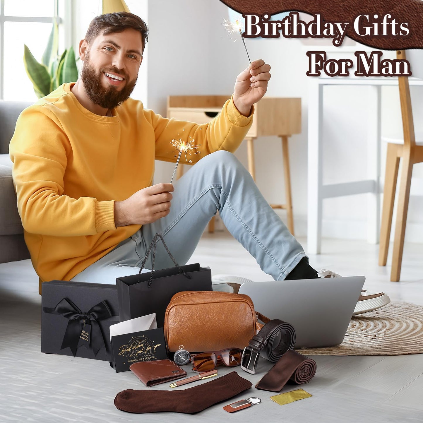 Geyoga 12 Pcs Men Father's Day Birthdays Gift Set with Box for Men Dad Basket PU Leather Wallet Leather Toiletry Bag Tie Socks Belt Keychain Sunglasses Pen Compass Set(Brown)