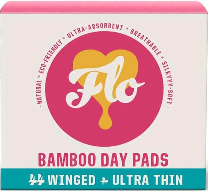 Flo Bamboo Day Period Pads with Wings (44 Pads) - Super Absorbent, Soft, Thin