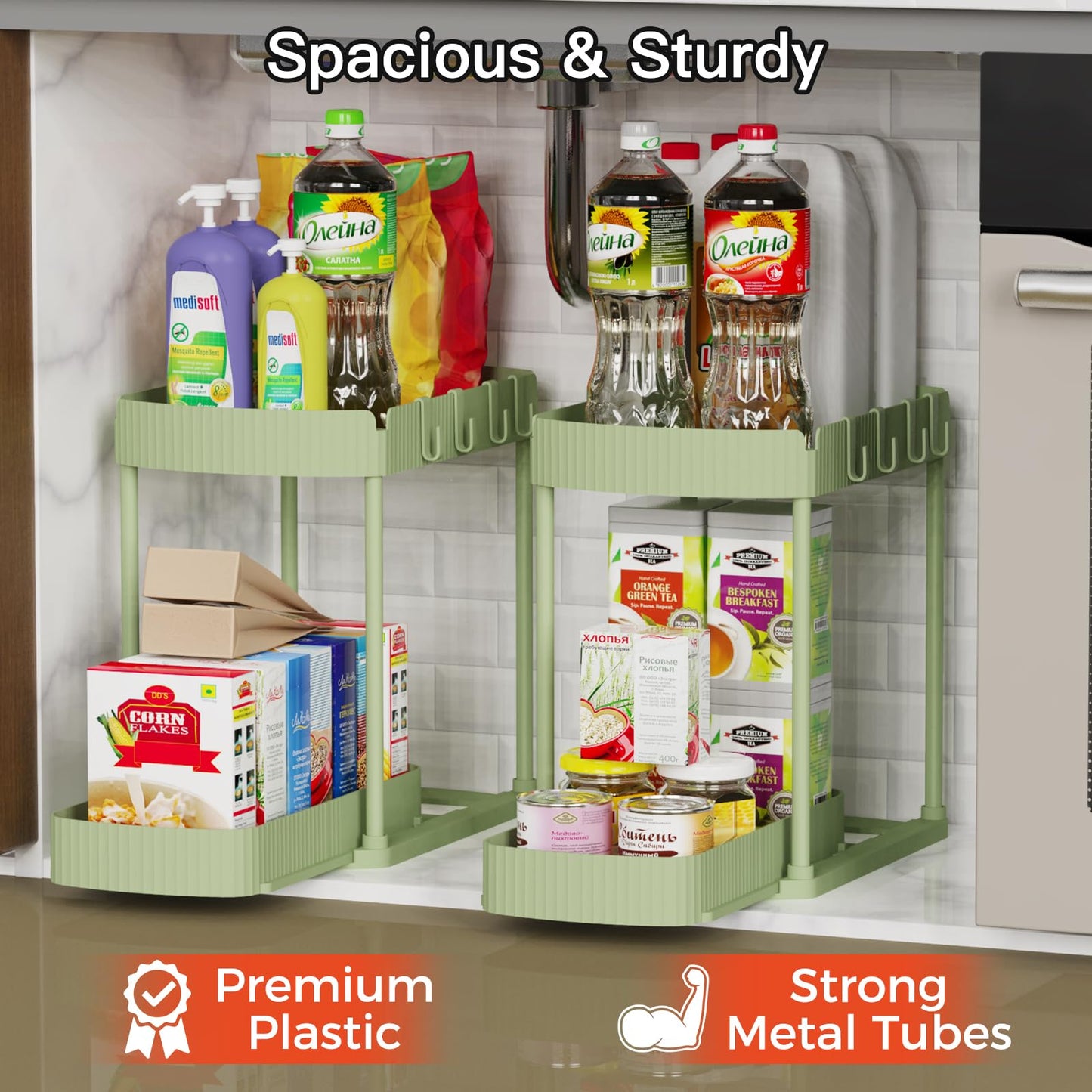 Ukeetap 2 Pack Multi-Purpose Pull-Out Storage Organizers, Under Sink Organizers and Storage for Bathroom & Kitchen, Under Cabinet Organizers and storage, 12.8 Inch, Green