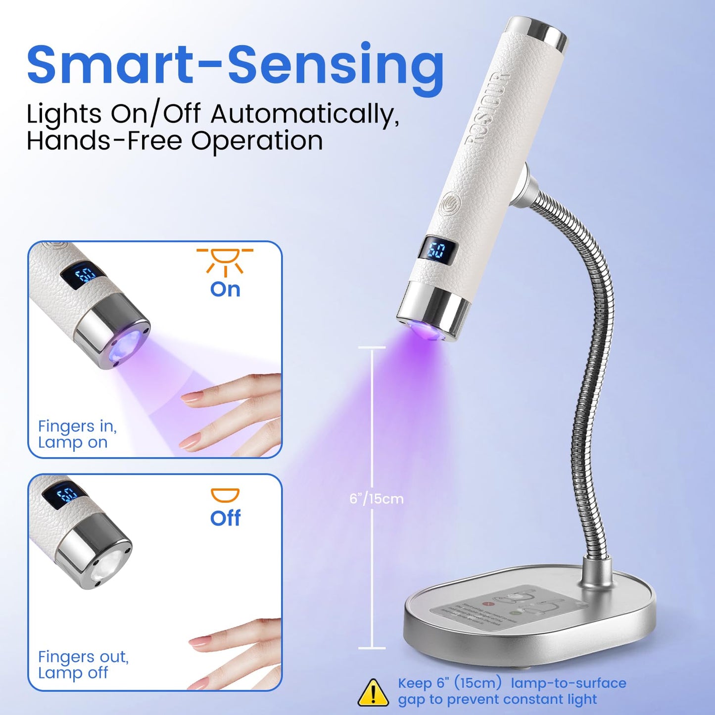 Rosiour Mini UV Lamp for Gel Nails- Flash Cure Handheld Nail U V Led Curing Light with Stand- Rechargeable Hands-Free Fast Dry UV Lamp with Auto Sensor for Home Manicure and Salon (White)