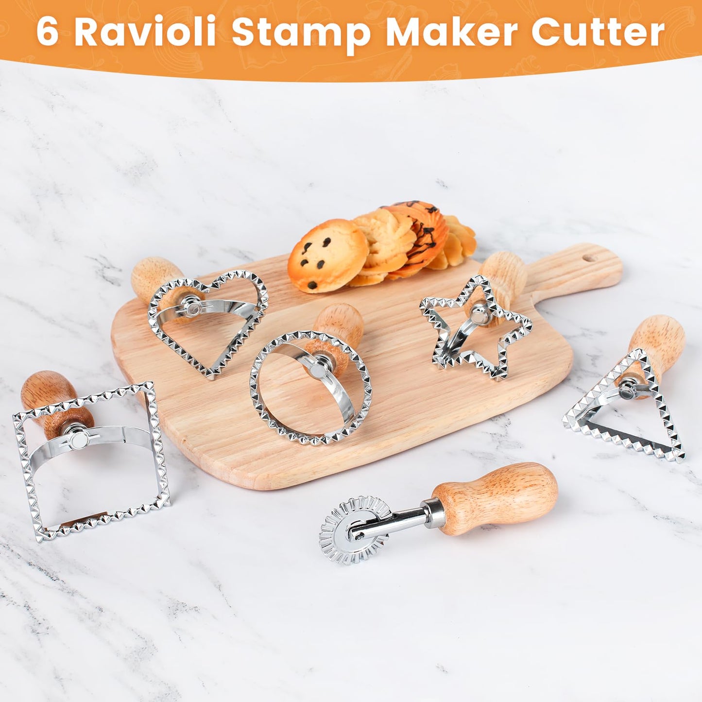 6PCS Ravioli Stamp Maker Cutter,Roller Wheel Included,Pasta Maker Mold with Wooden Handle and Fluted Edge,5 Different Shape Cutters,for Ravioli,Pasta,Dumplings Lasagna,Pierogi