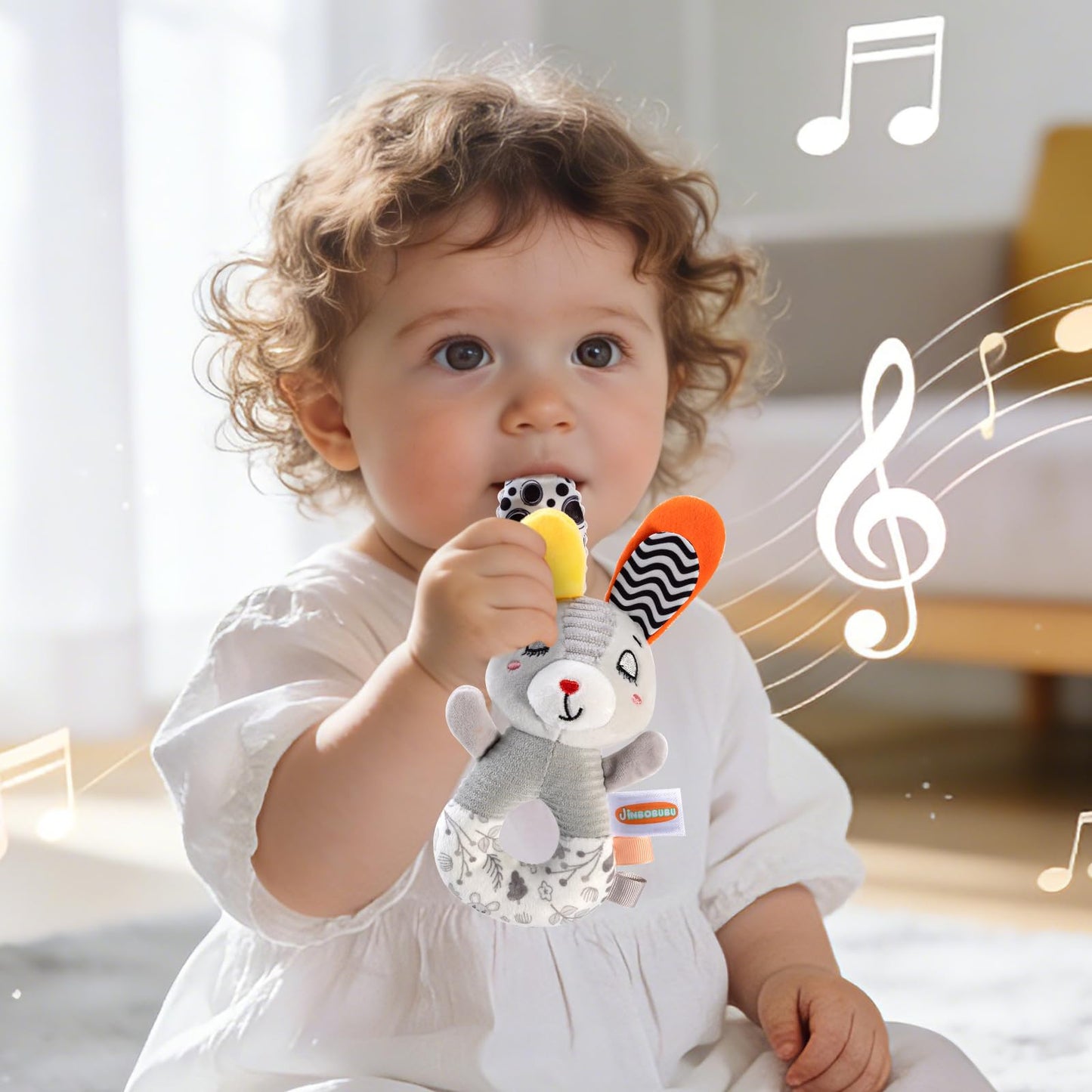 Sensory Shaker Rattle for Babies 0-6 Months, Infant Developmental Toys with High Contrast Patterns, Soft Plush Rabbit & Textured Ring for Auditory Visual Tactile Learning