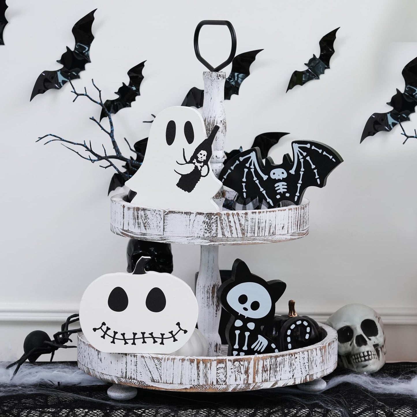 4PCS Halloween Decorations Indoor, Halloween Tiered Tray Decor Table Sign, Halloween Wooden Signs Ghost Bat Pumpkin Cat Blocks Signs, Table Decor Halloween Party Decorations for Mantle Home Shelf